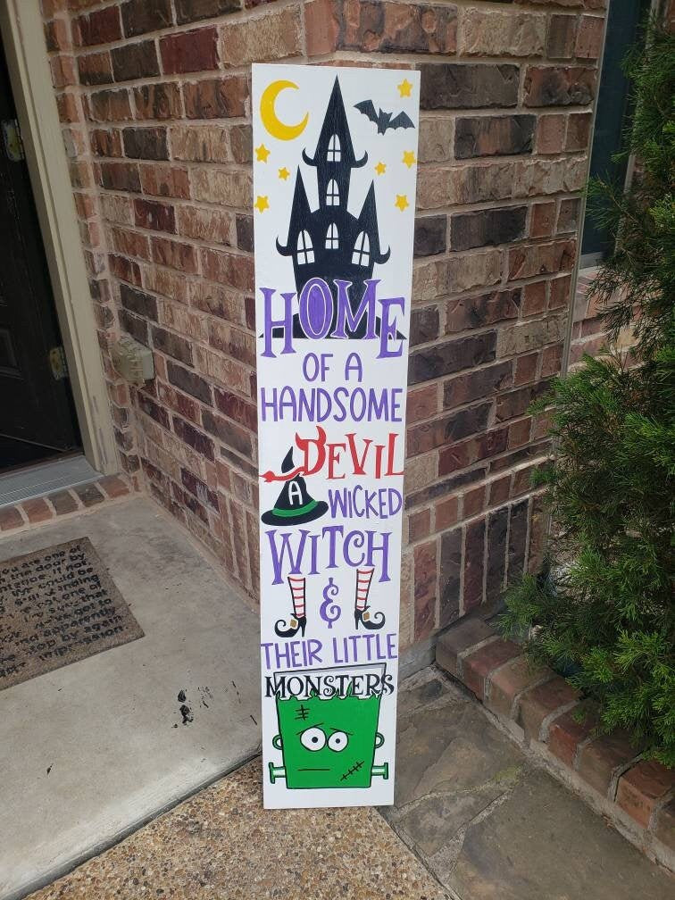 Home of the Wicked Witch / Her Handsome Devil / And All Their Little Monsters / Halloween Sign with Bow / Large Front Door Witch Wood Sign