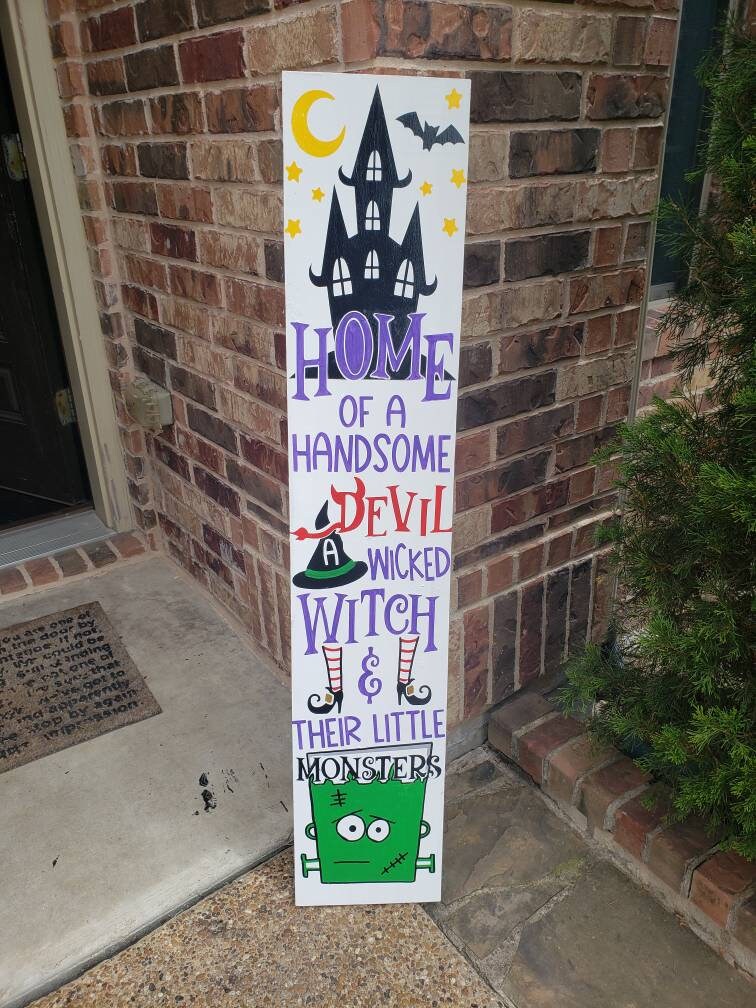 Home of the Wicked Witch / Her Handsome Devil / And All Their Little Monsters / Halloween Sign with Bow / Large Front Door Witch Wood Sign